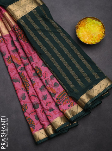 Semi mysore silk saree pink and dark green with half & half style and kalamkari prints