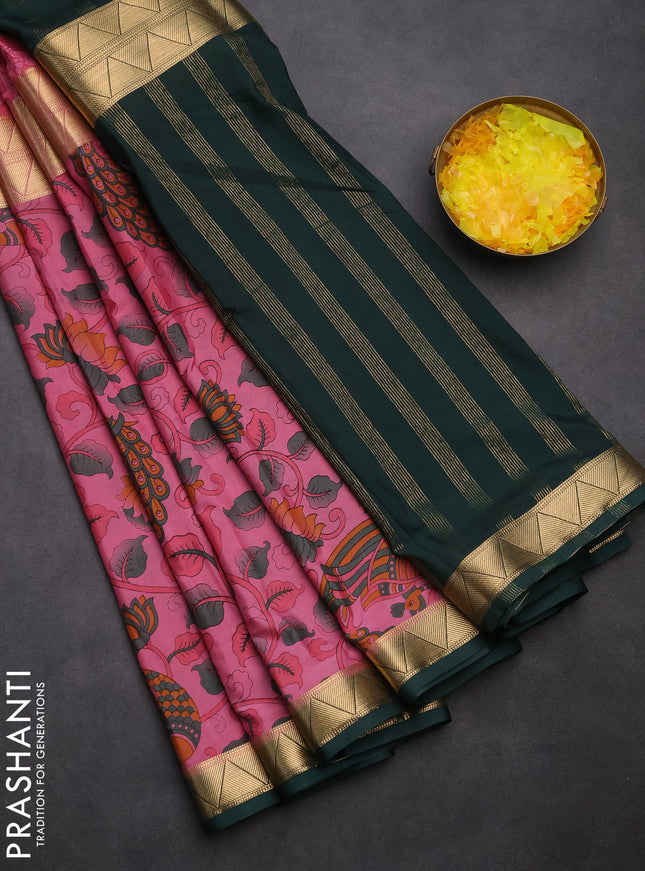 Semi mysore silk saree pink and dark green with half & half style and kalamkari prints