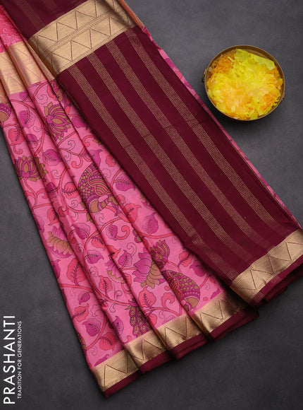 Semi mysore silk saree light pink and wine shade with half & half style and kalamkari prints