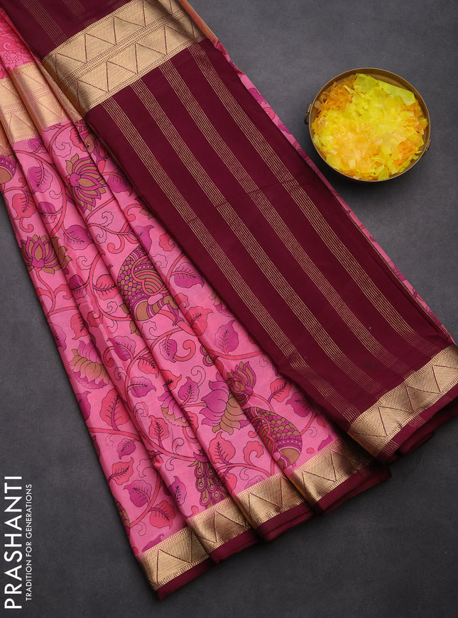Semi mysore silk saree light pink and wine shade with half & half style and kalamkari prints
