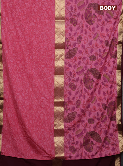 Semi mysore silk saree light pink and wine shade with half & half style and kalamkari prints