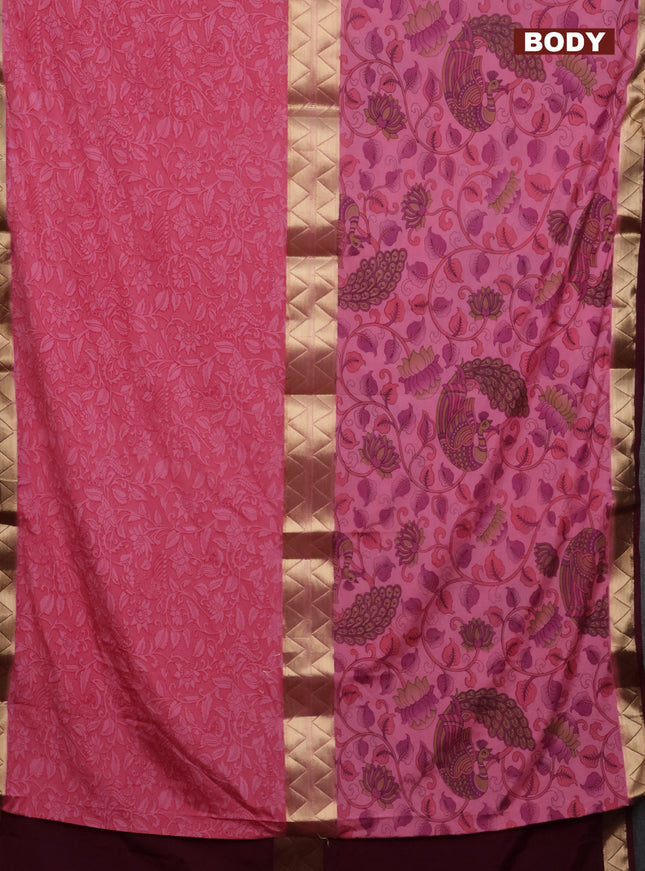 Semi mysore silk saree light pink and wine shade with half & half style and kalamkari prints