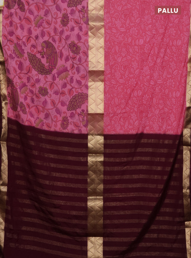 Semi mysore silk saree light pink and wine shade with half & half style and kalamkari prints