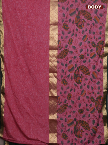 Semi mysore silk saree pink and dark green with half & half style and kalamkari prints