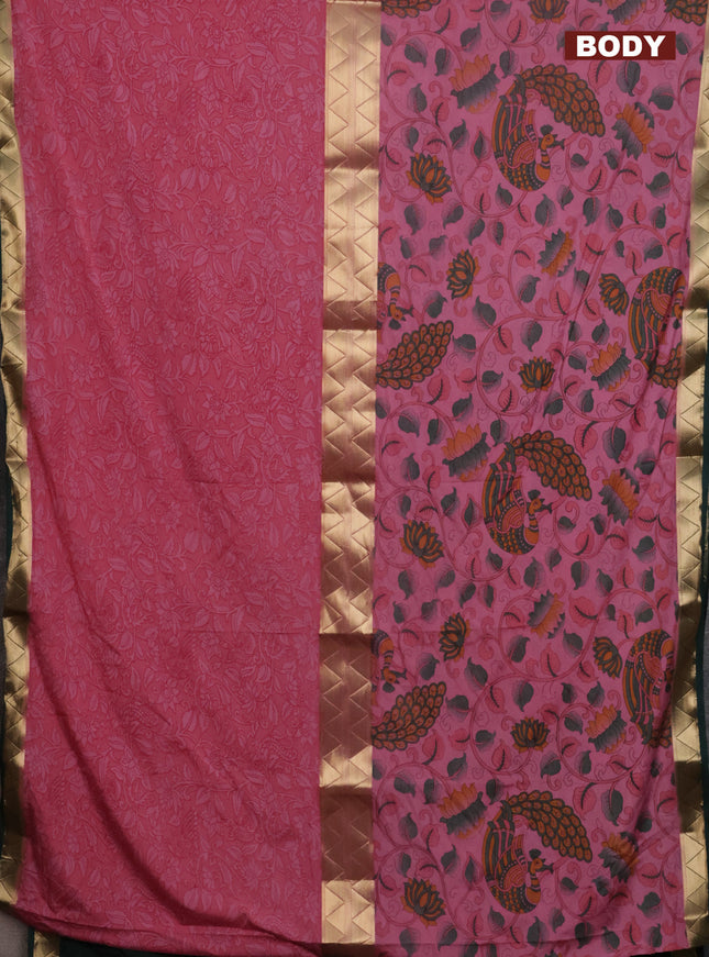 Semi mysore silk saree pink and dark green with half & half style and kalamkari prints