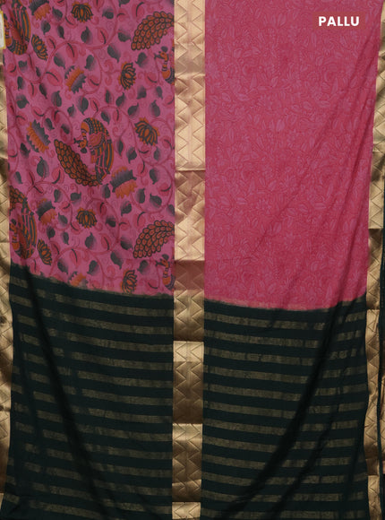 Semi mysore silk saree pink and dark green with half & half style and kalamkari prints