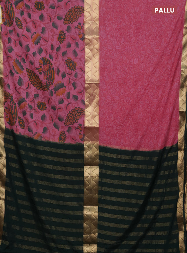Semi mysore silk saree pink and dark green with half & half style and kalamkari prints
