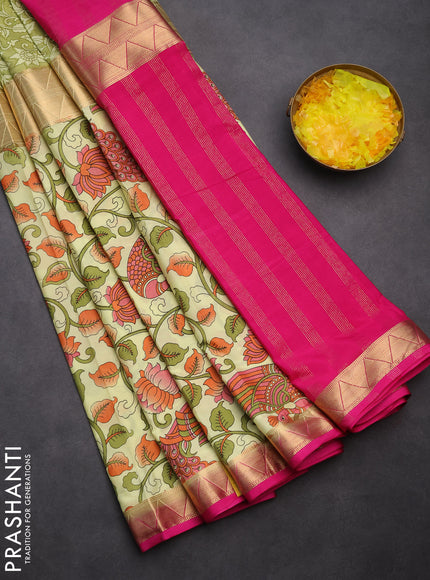 Semi mysore silk saree lime yellow and pink with half & half style and kalamkari prints