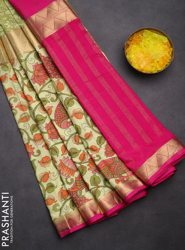 Semi mysore silk saree lime yellow and pink with half & half style and kalamkari prints