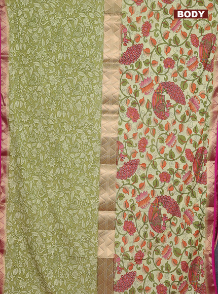 Semi mysore silk saree lime yellow and pink with half & half style and kalamkari prints