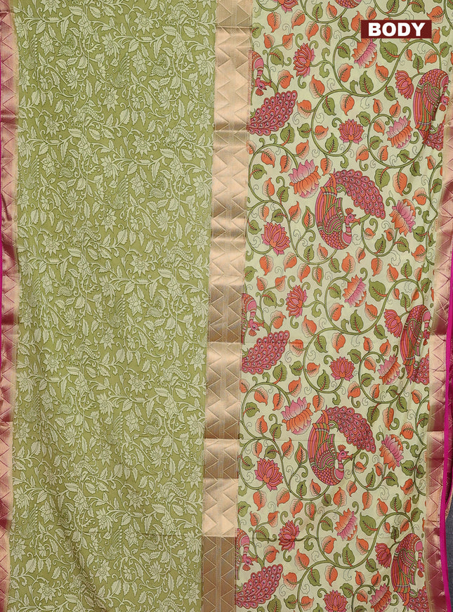 Semi mysore silk saree lime yellow and pink with half & half style and kalamkari prints