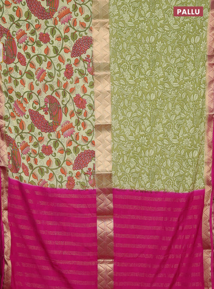 Semi mysore silk saree lime yellow and pink with half & half style and kalamkari prints