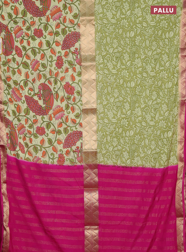 Semi mysore silk saree lime yellow and pink with half & half style and kalamkari prints