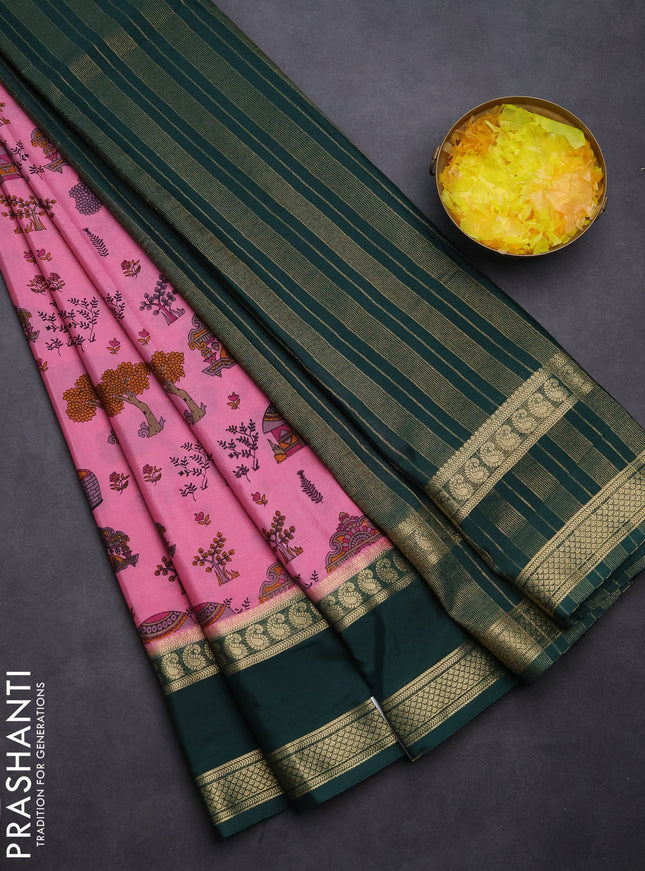 Semi mysore silk saree light pink and bottle green with allover kalamkari prints and rettapet zari woven border
