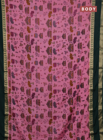 Semi mysore silk saree light pink and bottle green with allover kalamkari prints and rettapet zari woven border