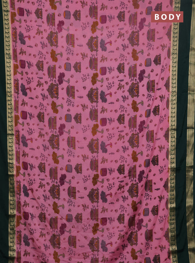 Semi mysore silk saree light pink and bottle green with allover kalamkari prints and rettapet zari woven border