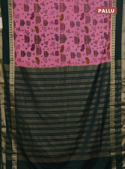 Semi mysore silk saree light pink and bottle green with allover kalamkari prints and rettapet zari woven border