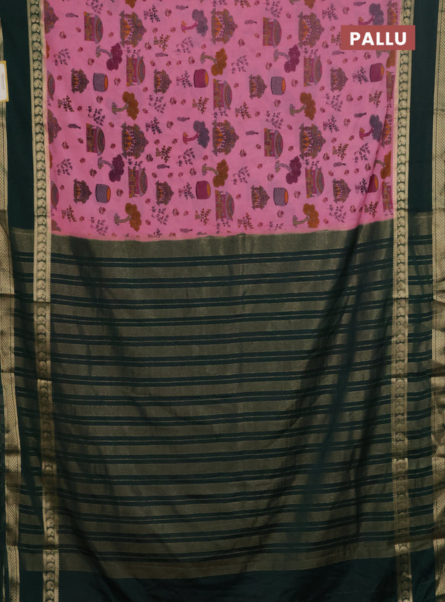 Semi mysore silk saree light pink and bottle green with allover kalamkari prints and rettapet zari woven border