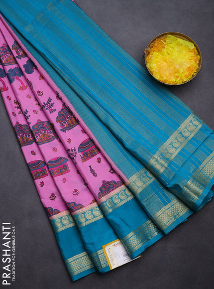 Semi mysore silk saree light pink and teal green with allover kalamkari prints and rettapet zari woven border