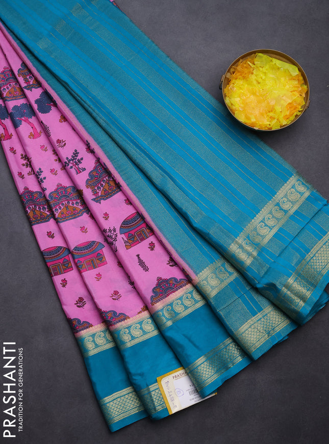 Semi mysore silk saree light pink and teal green with allover kalamkari prints and rettapet zari woven border