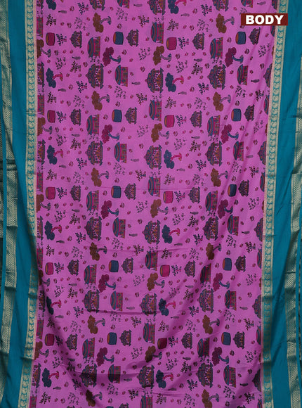 Semi mysore silk saree light pink and teal green with allover kalamkari prints and rettapet zari woven border