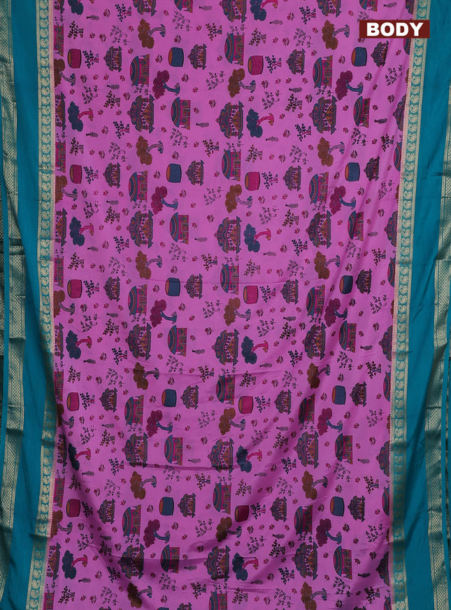 Semi mysore silk saree light pink and teal green with allover kalamkari prints and rettapet zari woven border