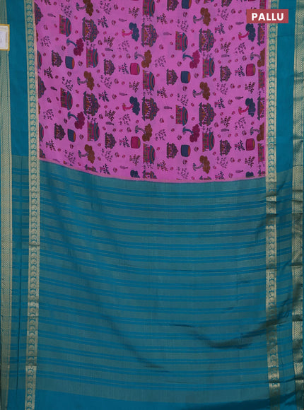 Semi mysore silk saree light pink and teal green with allover kalamkari prints and rettapet zari woven border
