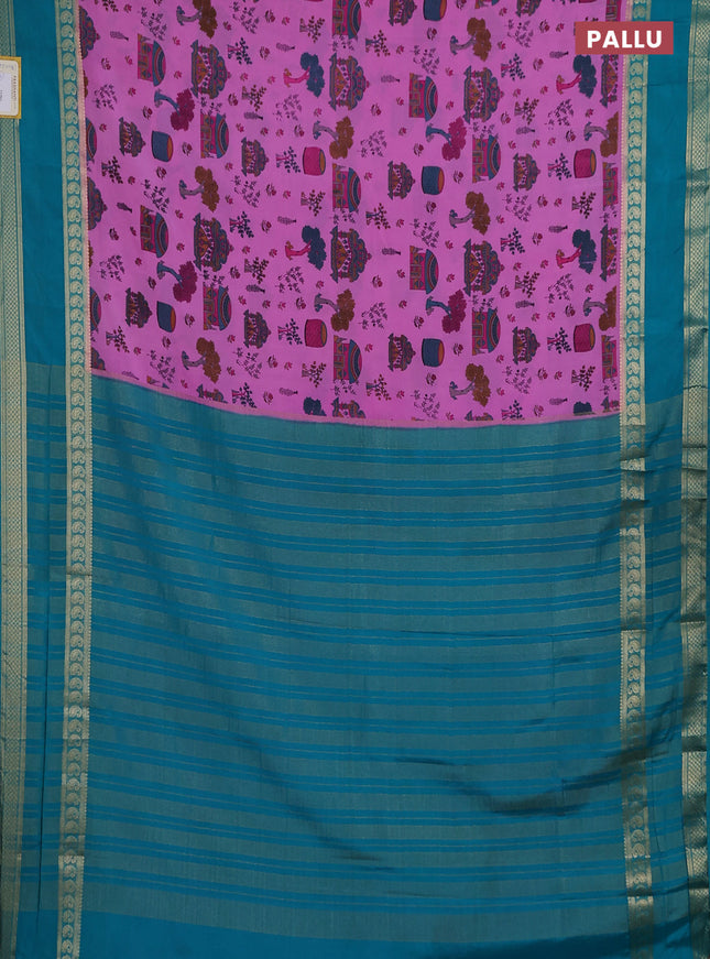 Semi mysore silk saree light pink and teal green with allover kalamkari prints and rettapet zari woven border