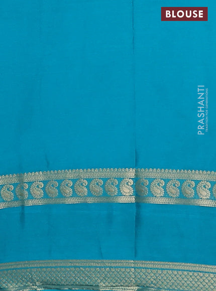 Semi mysore silk saree light pink and teal green with allover kalamkari prints and rettapet zari woven border