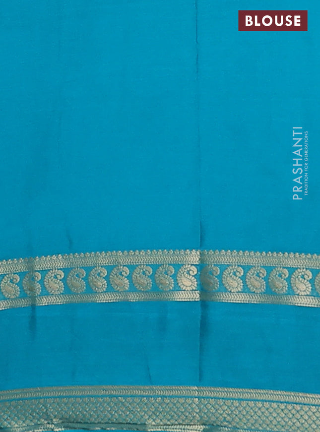 Semi mysore silk saree light pink and teal green with allover kalamkari prints and rettapet zari woven border