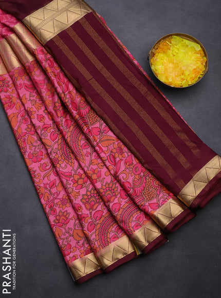 Semi mysore silk saree pink and wine shade with allover half & half style and printed zari border