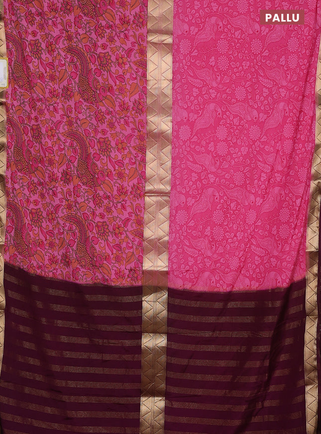 Semi mysore silk saree pink and wine shade with allover half & half style and printed zari border