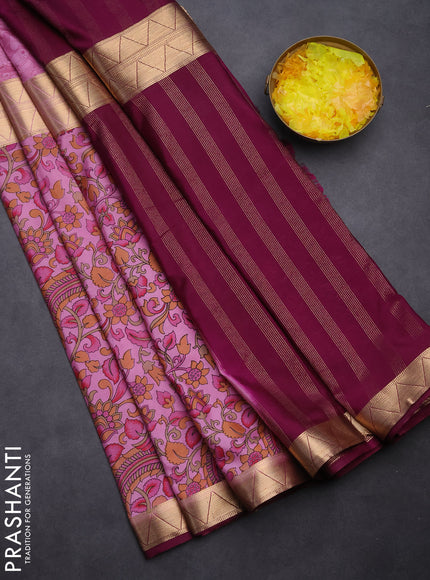 Semi mysore silk saree mauve pink and purple with allover half & half style and printed zari border