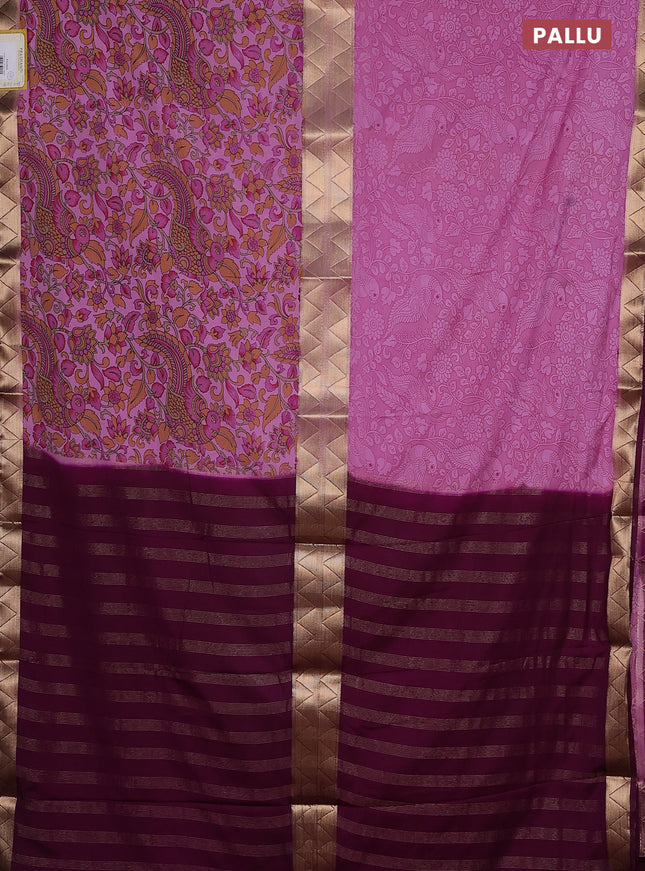 Semi mysore silk saree mauve pink and purple with allover half & half style and printed zari border