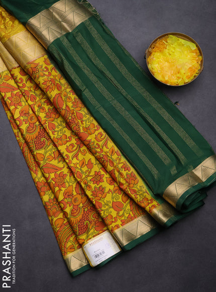 Semi mysore silk saree mustard yellow and dark green with allover half & half style and printed zari border