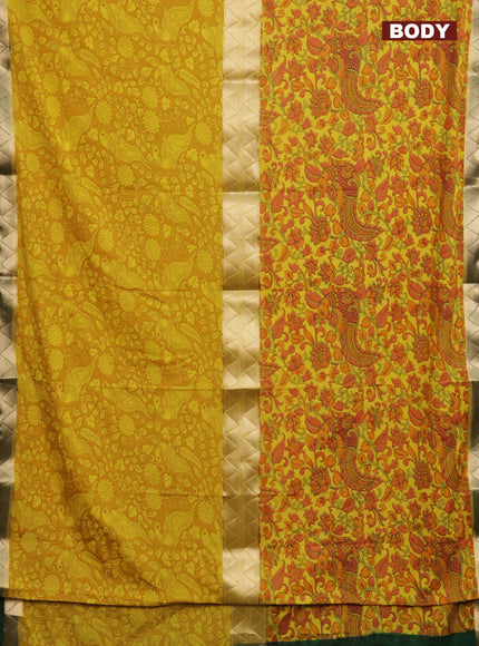 Semi mysore silk saree mustard yellow and dark green with allover half & half style and printed zari border
