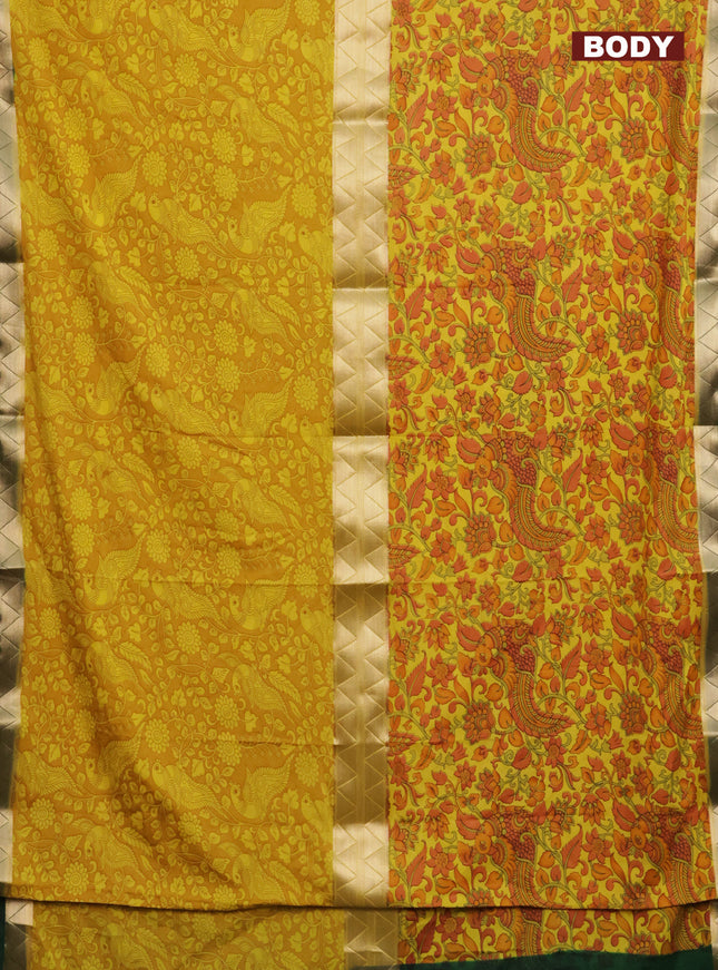Semi mysore silk saree mustard yellow and dark green with allover half & half style and printed zari border