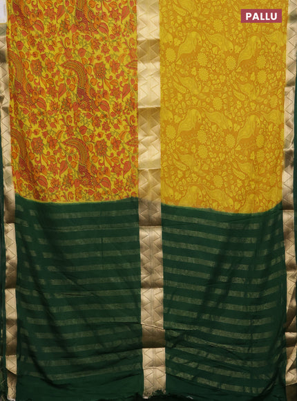 Semi mysore silk saree mustard yellow and dark green with allover half & half style and printed zari border
