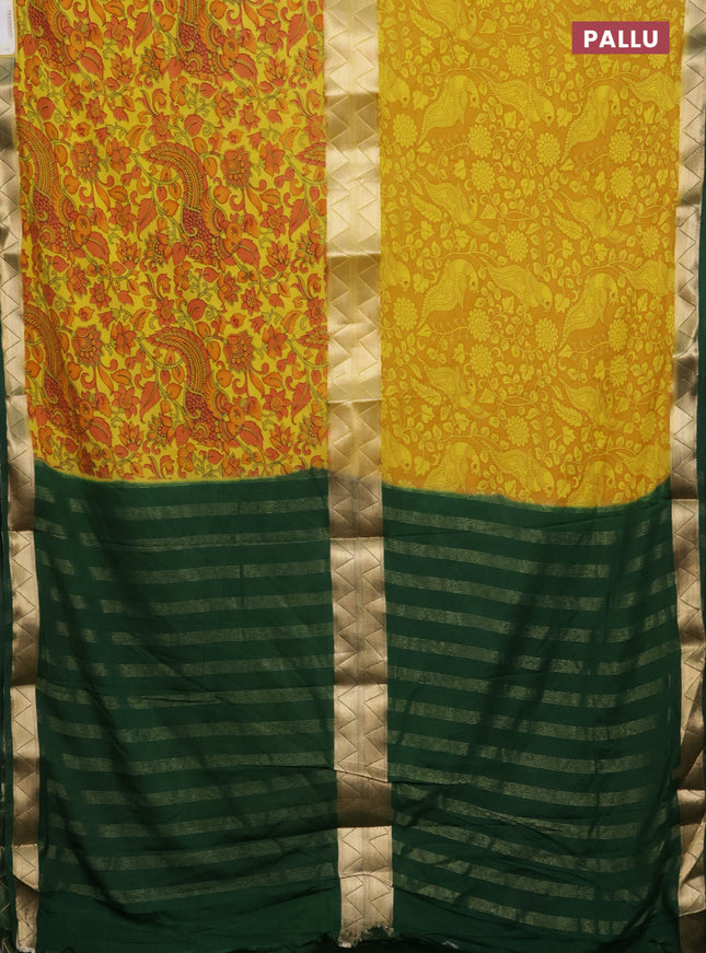 Semi mysore silk saree mustard yellow and dark green with allover half & half style and printed zari border