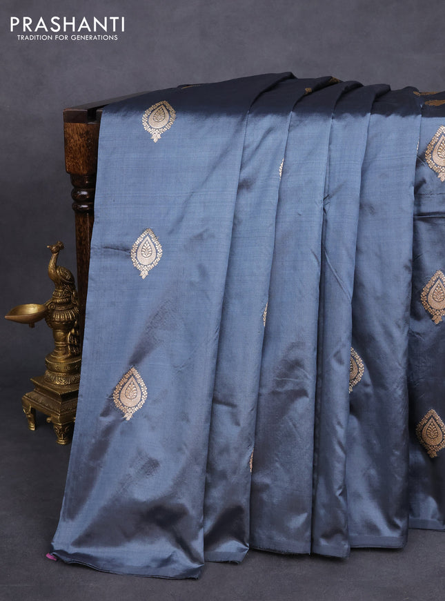 Banarasi katan silk saree grey with zari woven buttas in borderless style