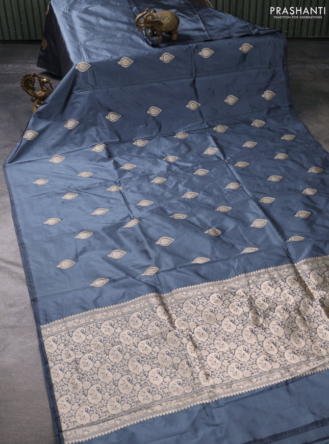 Banarasi katan silk saree grey with zari woven buttas in borderless style