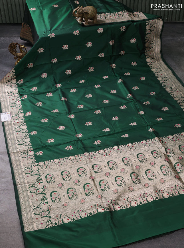 Banarasi katan silk saree green with zari woven floral buttas and zari woven border