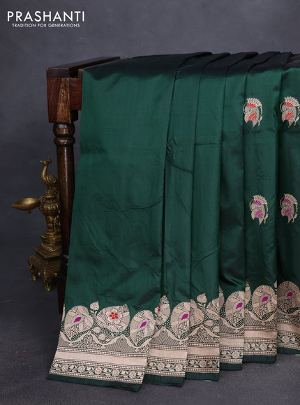 Banarasi katan silk saree bottle green with zari woven buttas and thread & zari woven border
