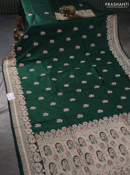 Banarasi katan silk saree bottle green with zari woven buttas and thread & zari woven border