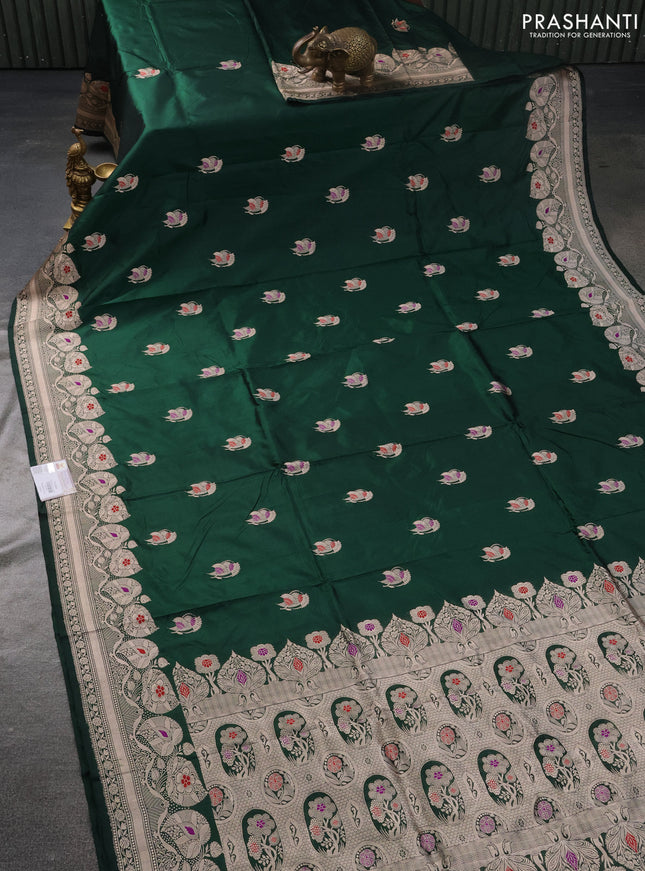 Banarasi katan silk saree bottle green with zari woven buttas and thread & zari woven border