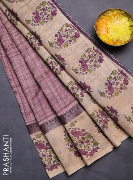 Chanderi silk cotton saree purple shade and beige with allover zari buttas & prints and printed butta border