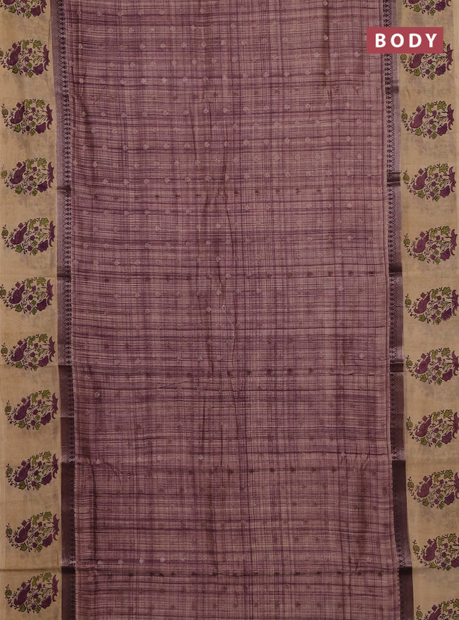Chanderi silk cotton saree purple shade and beige with allover zari buttas & prints and printed butta border