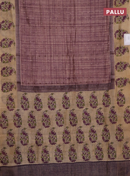 Chanderi silk cotton saree purple shade and beige with allover zari buttas & prints and printed butta border