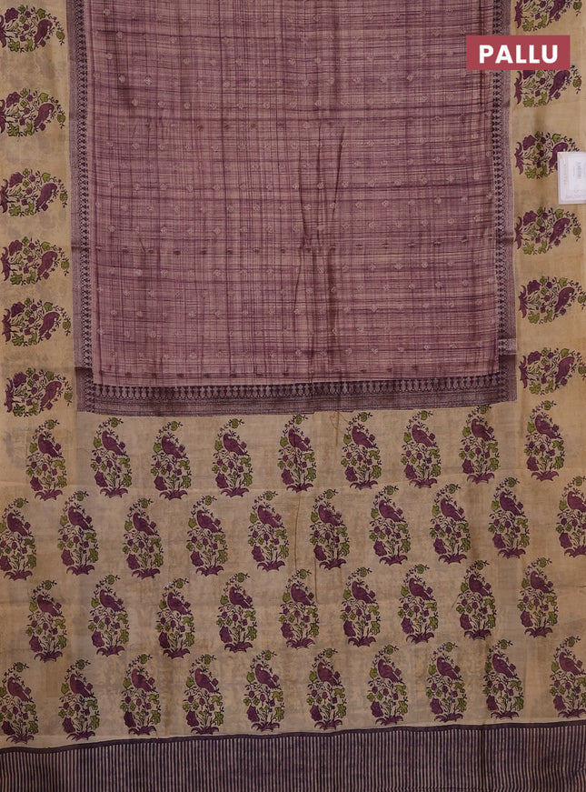 Chanderi silk cotton saree purple shade and beige with allover zari buttas & prints and printed butta border
