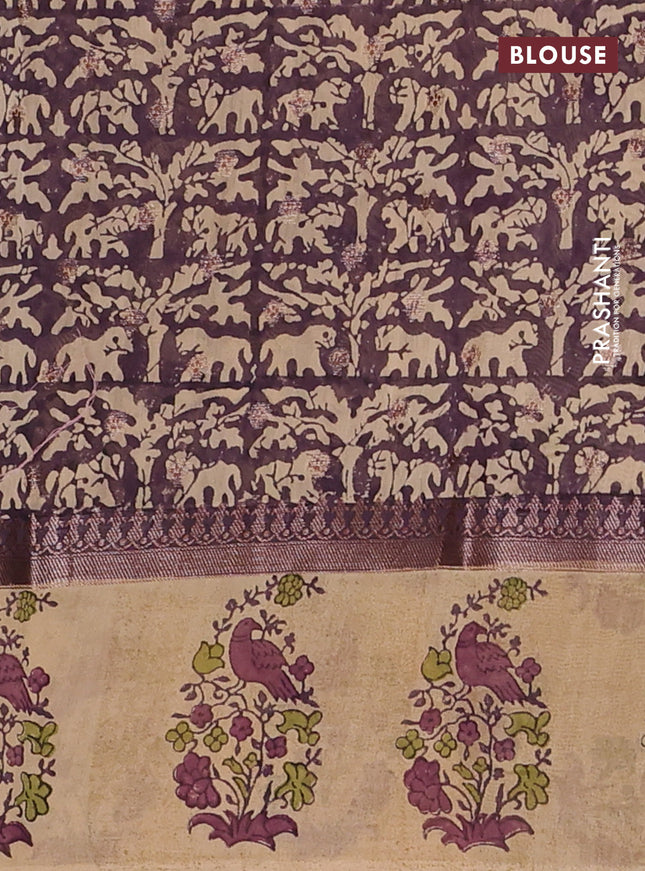Chanderi silk cotton saree purple shade and beige with allover zari buttas & prints and printed butta border